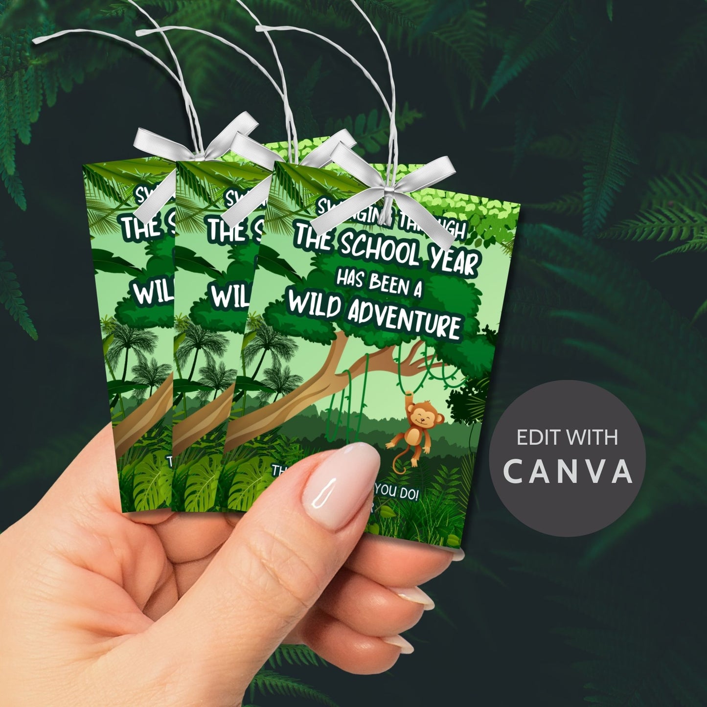 Jungle-themed teacher appreciation gift tags featuring a swinging monkey with the message "Swinging Through the School Year Has Been a Wild Adventure," sized 2.5 x 3.5 inches, laid out 8 per sheet on an 8.5 x 11-inch printable page. Includes editable Canva template for personalization.