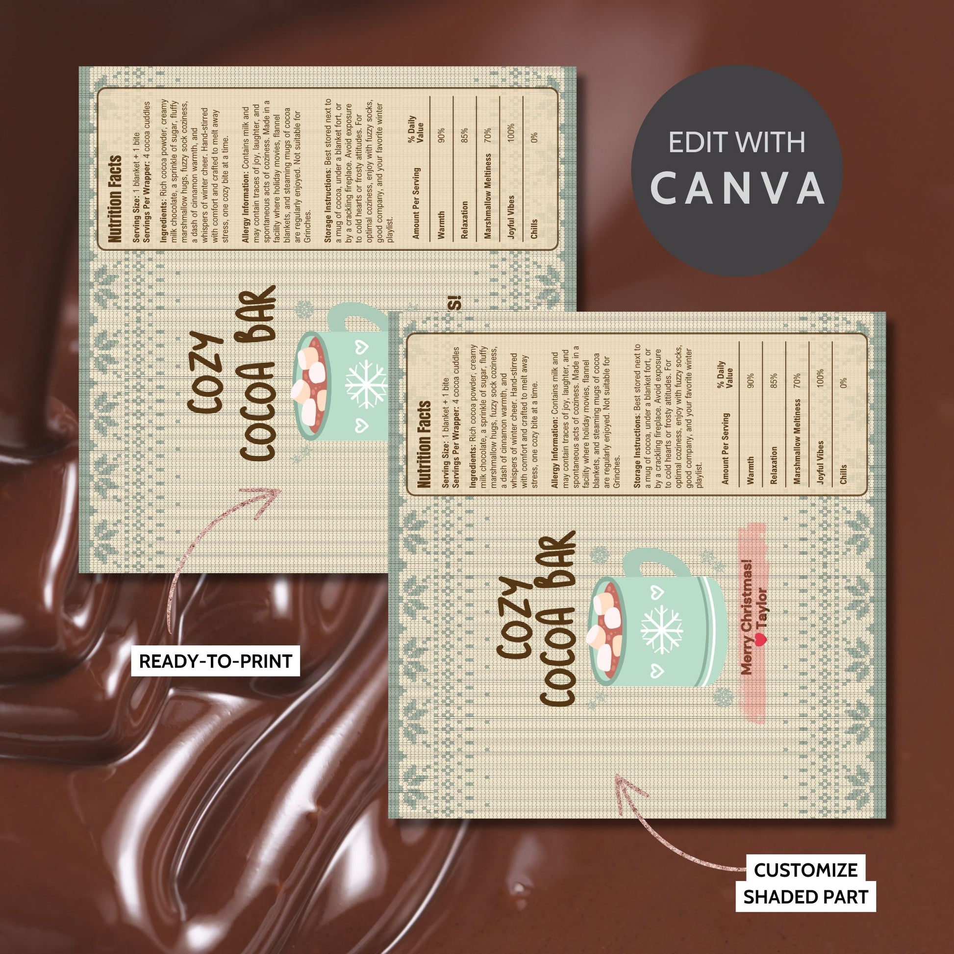 Two Cozy Cocoa Bar menu designs with customizable shaded parts on a chocolate background.