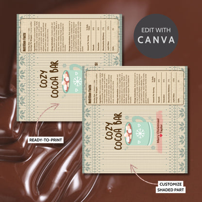 Two Cozy Cocoa Bar menu designs with customizable shaded parts on a chocolate background.