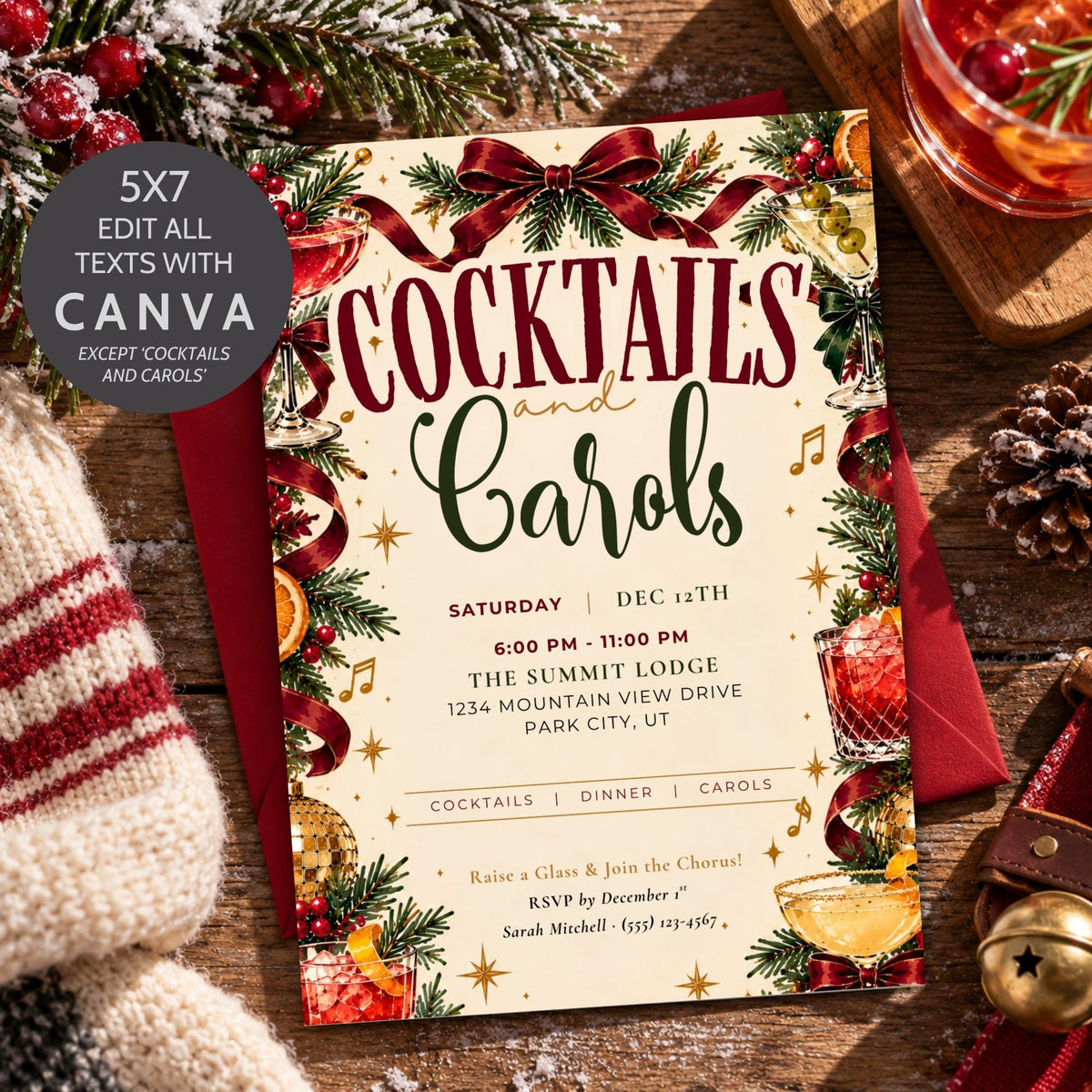 A festive Christmas-themed cocktail and carol party invitation card with red ribbons, green pine branches, ornaments, and holiday illustrations, layered over a red envelope on a rustic wooden table. A black circular badge in the top left reads '5x7 EDIT ALL TEXTS WITH CANVA EXCEPT COCKTAILS AND CAROLS'.