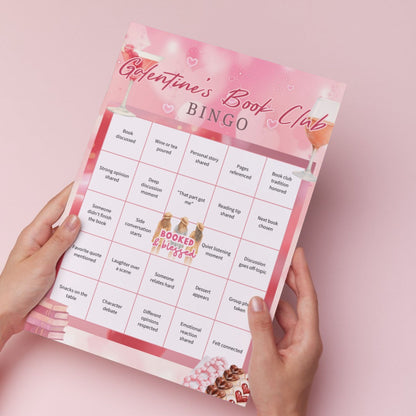 Galentine’s Bingo printable featuring five pink-themed bingo cards for girls night, brunch, book club, cozy gatherings, and glam Galentine’s soirées, sized 8.5x11.