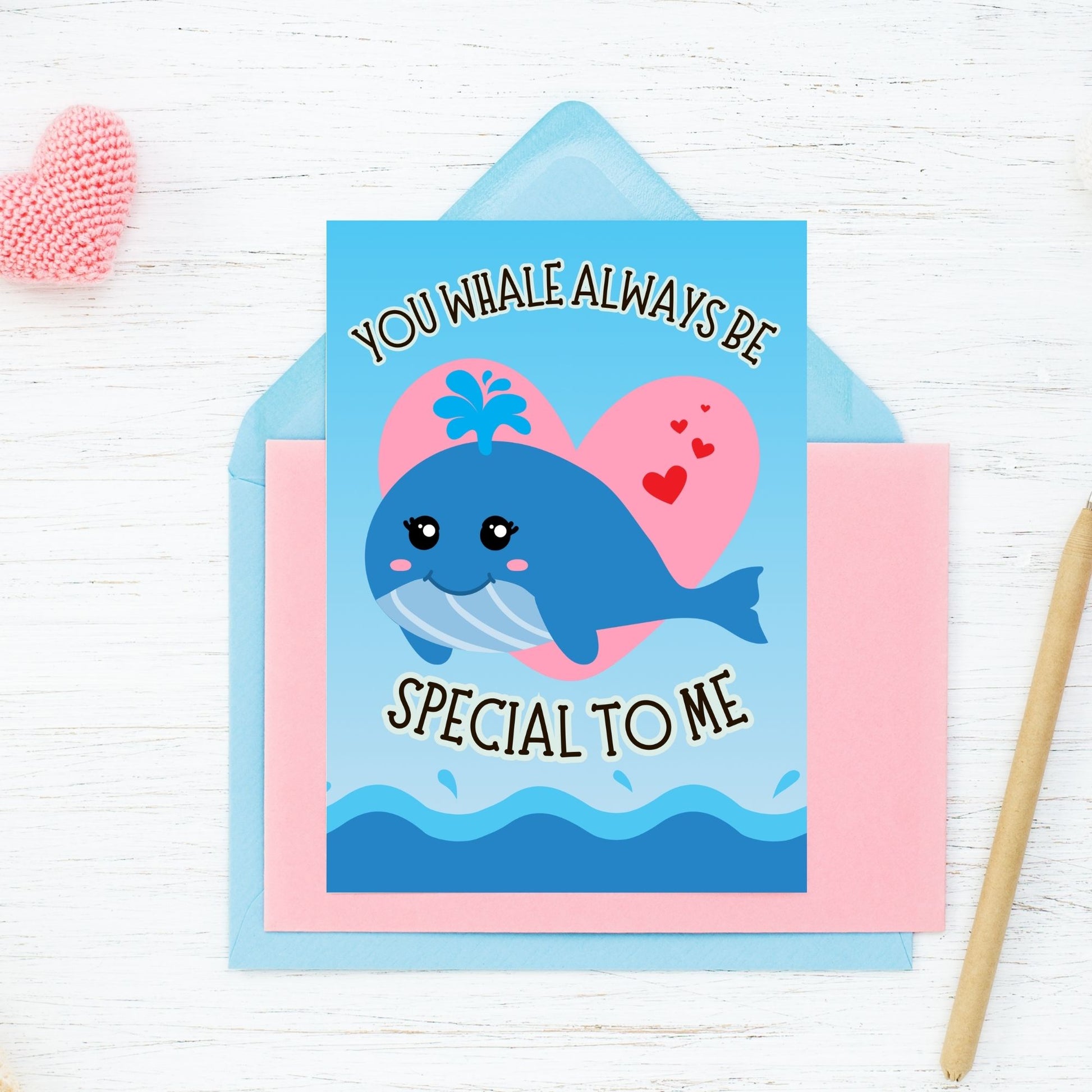 Printable Valentine’s Day Greeting Card featuring the phrase “You Whale Always Be Special to Me.” Designed as a 5x7 PDF on an 8.5 x 11 sheet with two cards per page. A cute and heartfelt Valentine’s card for whale lovers and friends.