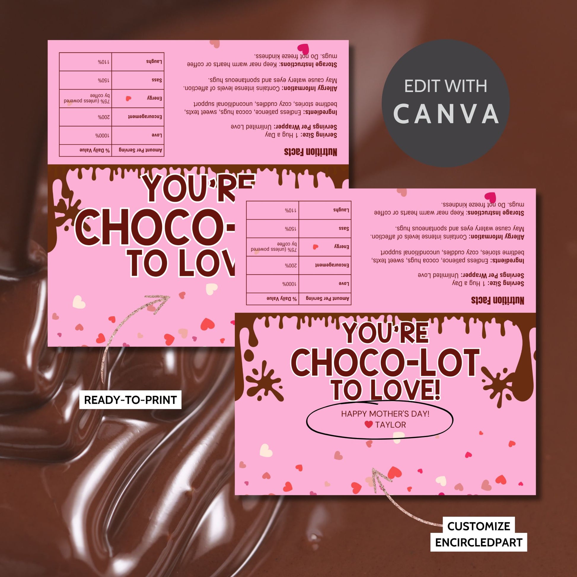 Editable chocolate bar wrapper in pink with dripping chocolate design and the message "You're Choco-lot to Love" – perfect for Mother's Day, Valentine's, or appreciation gifts.