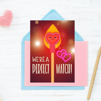 Printable Valentine’s Day Greeting Card featuring the phrase “We're a Perfect Match.” Designed as a 5x7 PDF on an 8.5 x 11 sheet with two cards per page. A romantic and heartfelt Valentine’s card for couples and loved ones.