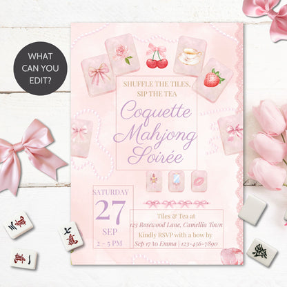 Pink invitation card for Coquette Mahjong Soiree with tiles and bows on a wooden surface.
