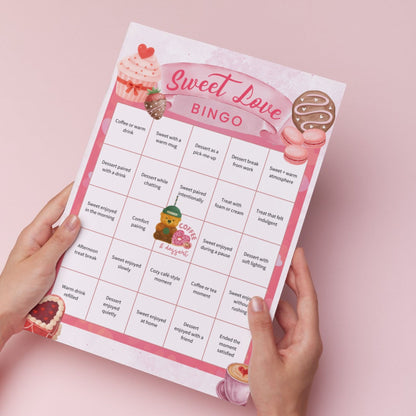 Sweet Love Bingo printable featuring five dessert-themed bingo pages for self-care, family fun, coffee and dessert moments, and cozy nights, designed in pink tones on 8.5x11 pages.