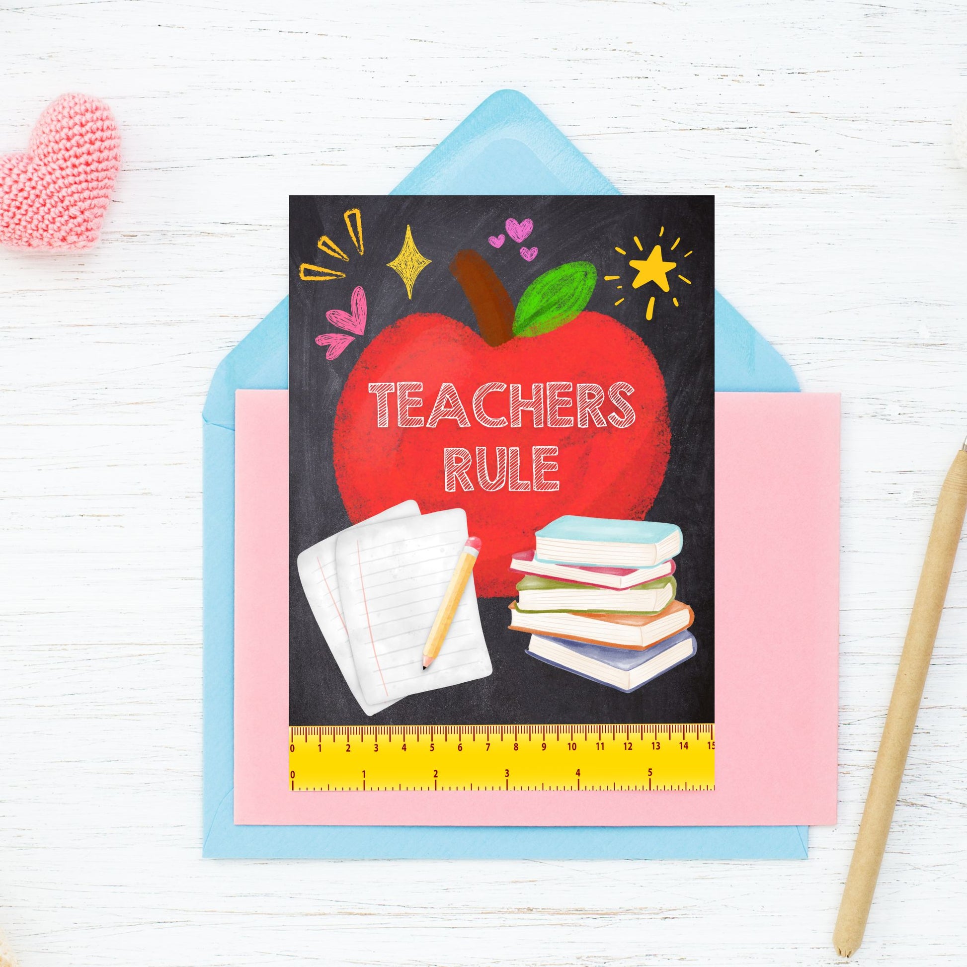 Printable Teacher Appreciation Greeting Card with colorful “Teachers Rule” ruler design – 5x7 digital download
