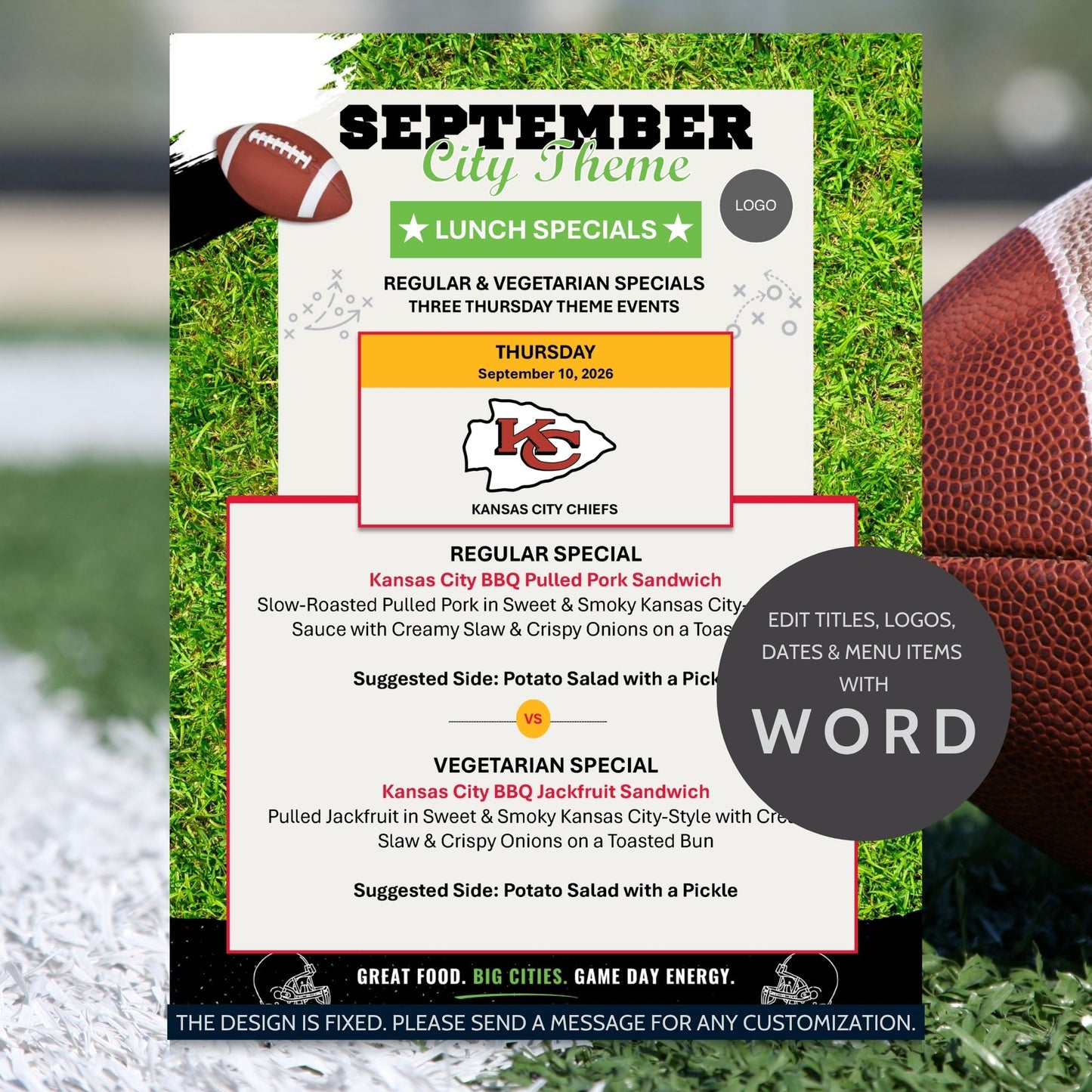 A customizable September City Theme lunch specials menu card template for Kansas City Chiefs fans, shown with footballs on a grassy field background and a promotional badge indicating Word compatibility.