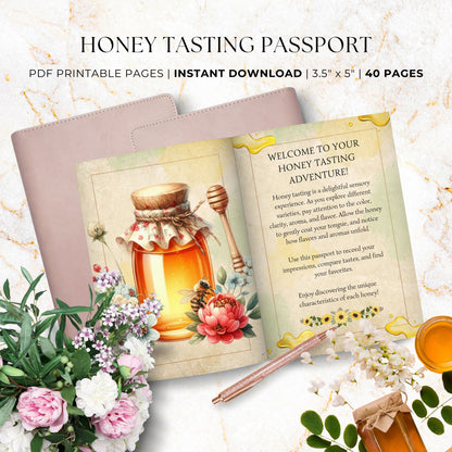 Honey tasting passport with floral decorations on a decorative background