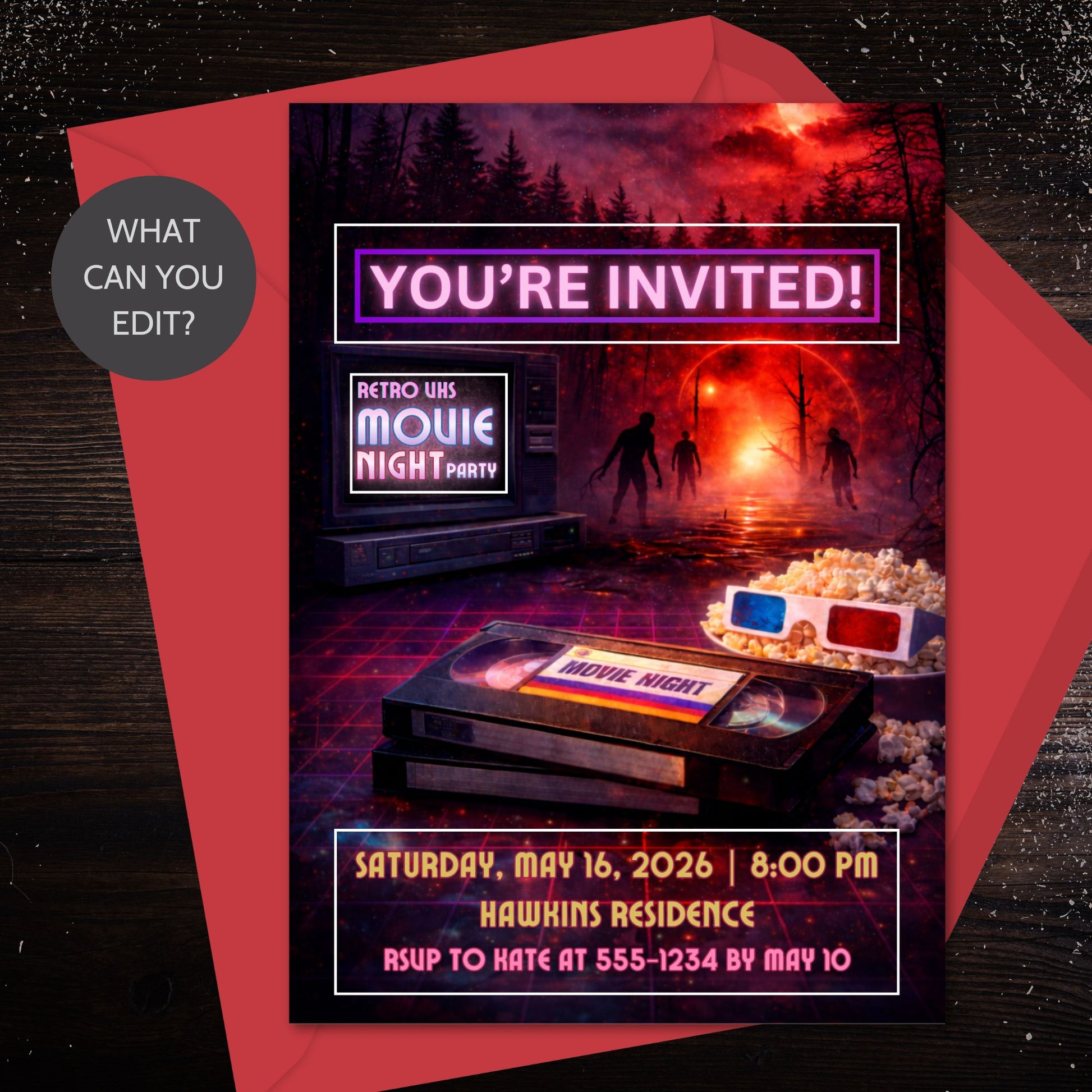 Editable retro sci-fi movie night invitation featuring neon glow, VHS-style elements, and cinematic 1980s nostalgia, designed as a 5x7 Canva-editable digital party invite for birthdays and movie nights.