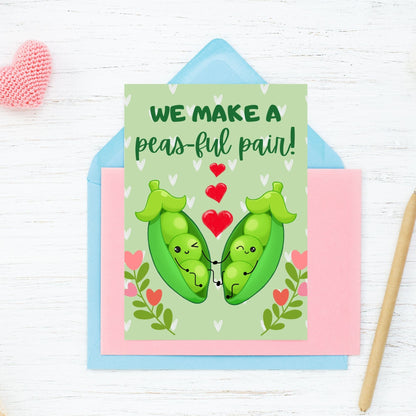 Punny Pea-Themed Printable Valentine's Day Card | 5x7 PDF with "We Make a Peasful Pair" | Instant Download | Given Crafted Wonders