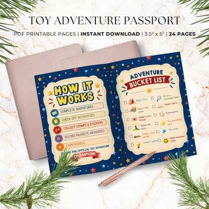 Printable Toy Adventure Passport showing the How It Works guide and Adventure Bucket List with fun activities, checklists, and interactive challenges for kids.