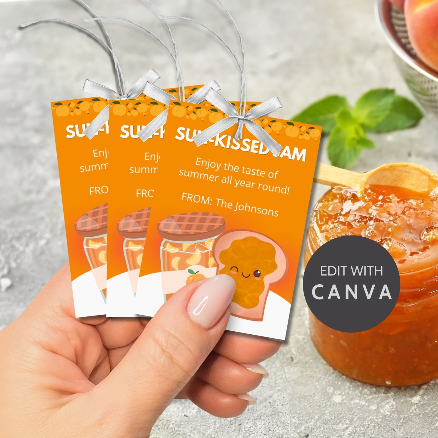 Charming gift tags featuring a colorful jam and toast design with the text "Sun-Kissed Jam. Enjoy the taste of summer all year round!" Personalize with names and messages.