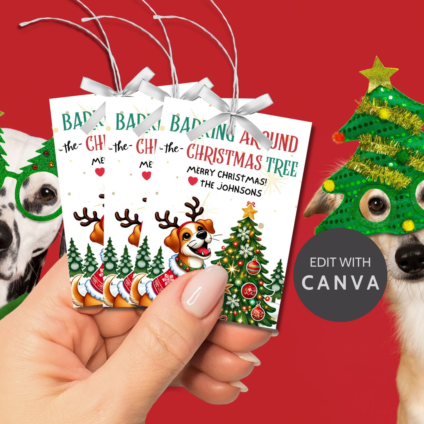 Christmas gift tags featuring a joyful dog with reindeer antlers and a festive sweater, surrounded by decorated Christmas trees, with the message "Barking Around the Christmas Tree." These printable and editable tags are perfect for dog lovers and add a fun holiday touch to gifts.