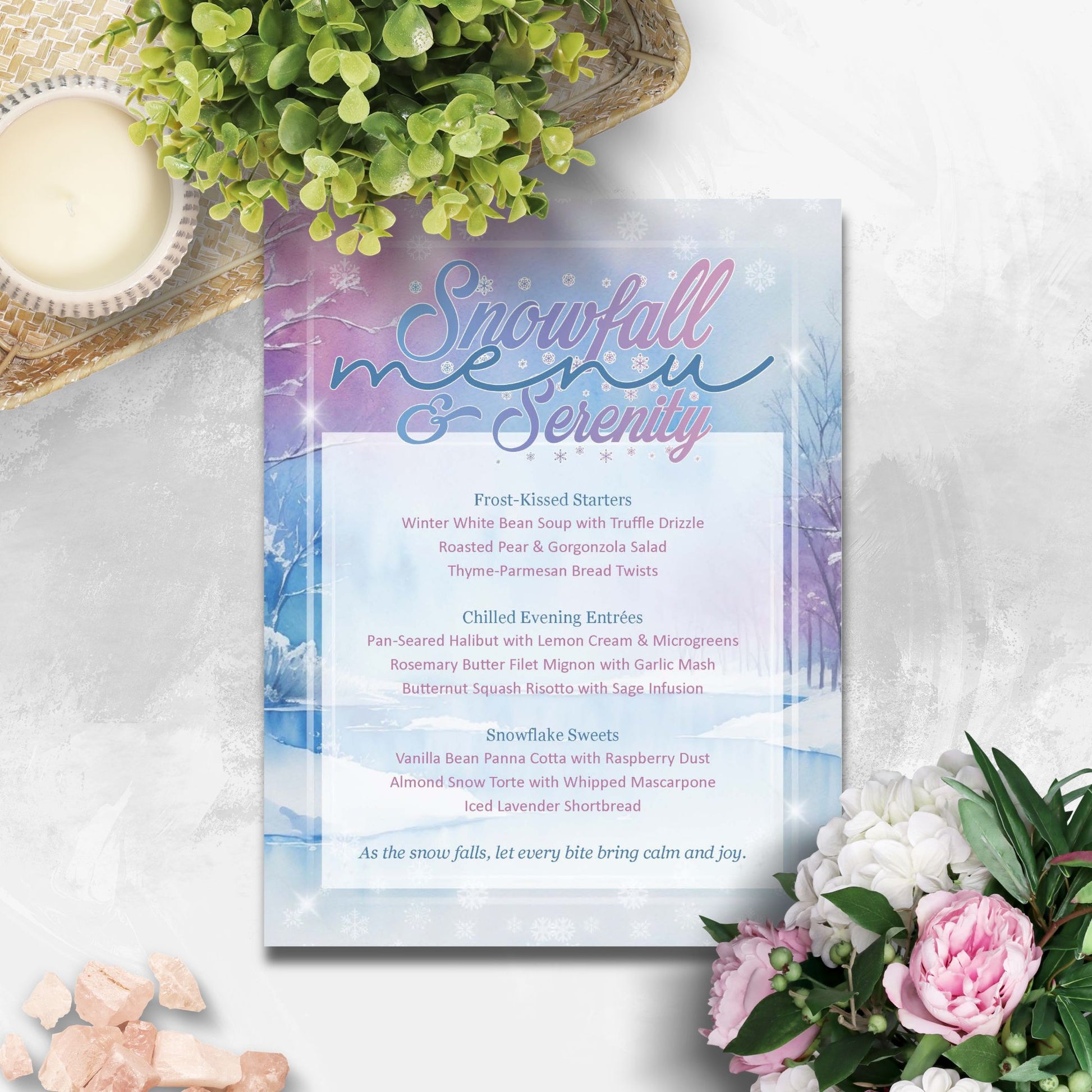 Menu card titled 'Snowfall & Serenity' with a winter-themed design on a white surface with flowers and a candle.