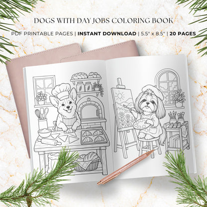 Open printable coloring book pages showing two cartoon dogs in a kitchen and painting studio, styled on a marble surface with pine branches and a rose gold pencil. Text at the top reads 'DOGS WITH DAY JOBS COLORING BOOK' and 'PDF PRINTABLE PAGES | INSTANT DOWNLOAD | 5.