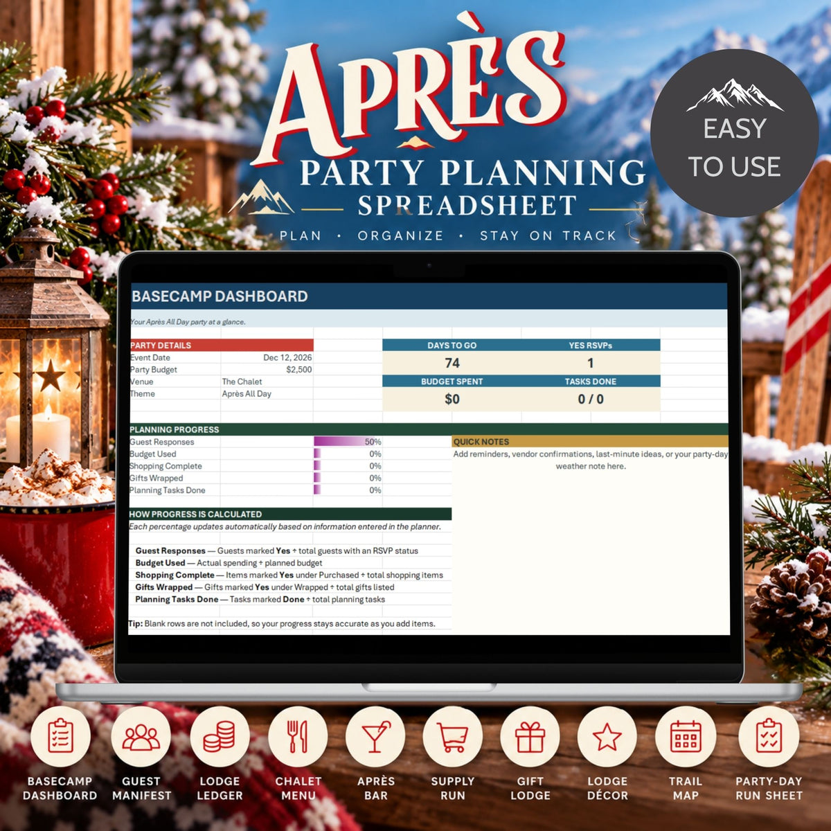 A promotional graphic for a party planning spreadsheet template, showing a laptop with a spreadsheet dashboard on screen. The background is a festive Christmas outdoor scene with lanterns, evergreen trees, and a flag.