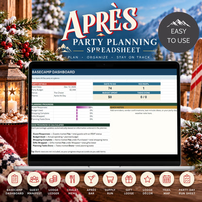 A promotional graphic for a party planning spreadsheet template, showing a laptop with a spreadsheet dashboard on screen. The background is a festive Christmas outdoor scene with lanterns, evergreen trees, and a flag.