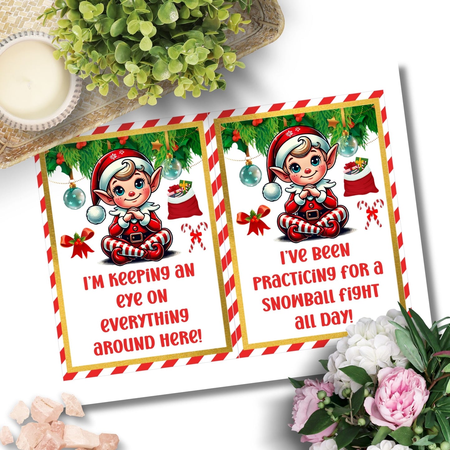 A collection of festive 5x7 printable Elf on the Shelf cards featuring a cute elf with creative sayings like "Be Careful, I Caught a Mouse Today!" and placement guides.