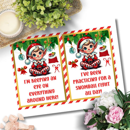 A collection of festive 5x7 printable Elf on the Shelf cards featuring a cute elf with creative sayings like "Be Careful, I Caught a Mouse Today!" and placement guides.