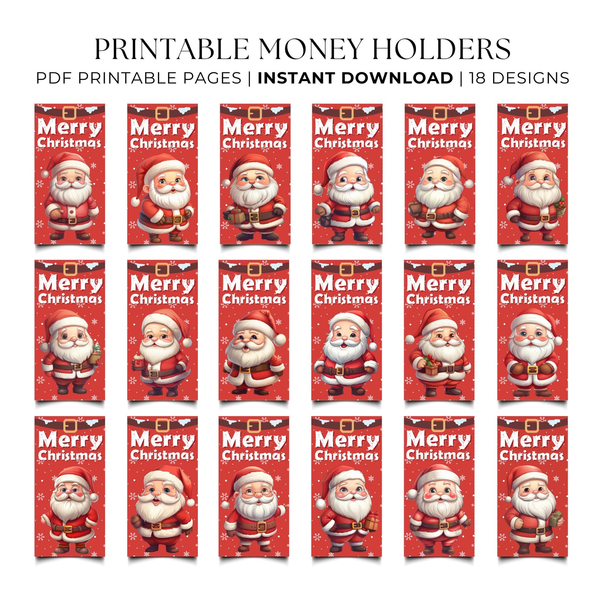 Collection of Christmas-themed money holders with Santa Claus on a white background.
