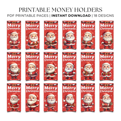 Collection of Christmas-themed money holders with Santa Claus on a white background.