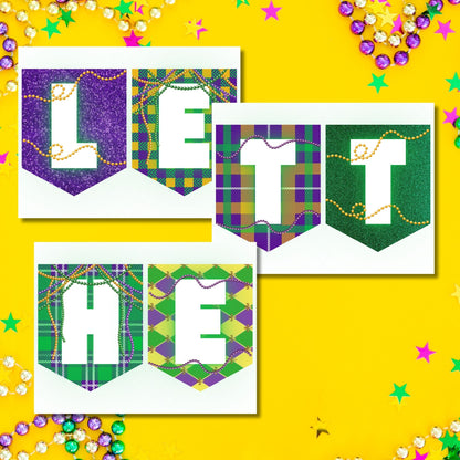 A vibrant Mardi Gras pennant banner featuring traditional purple, gold, and green colors, perfect for festive decorations at parties, parades, and Fat Tuesday events.