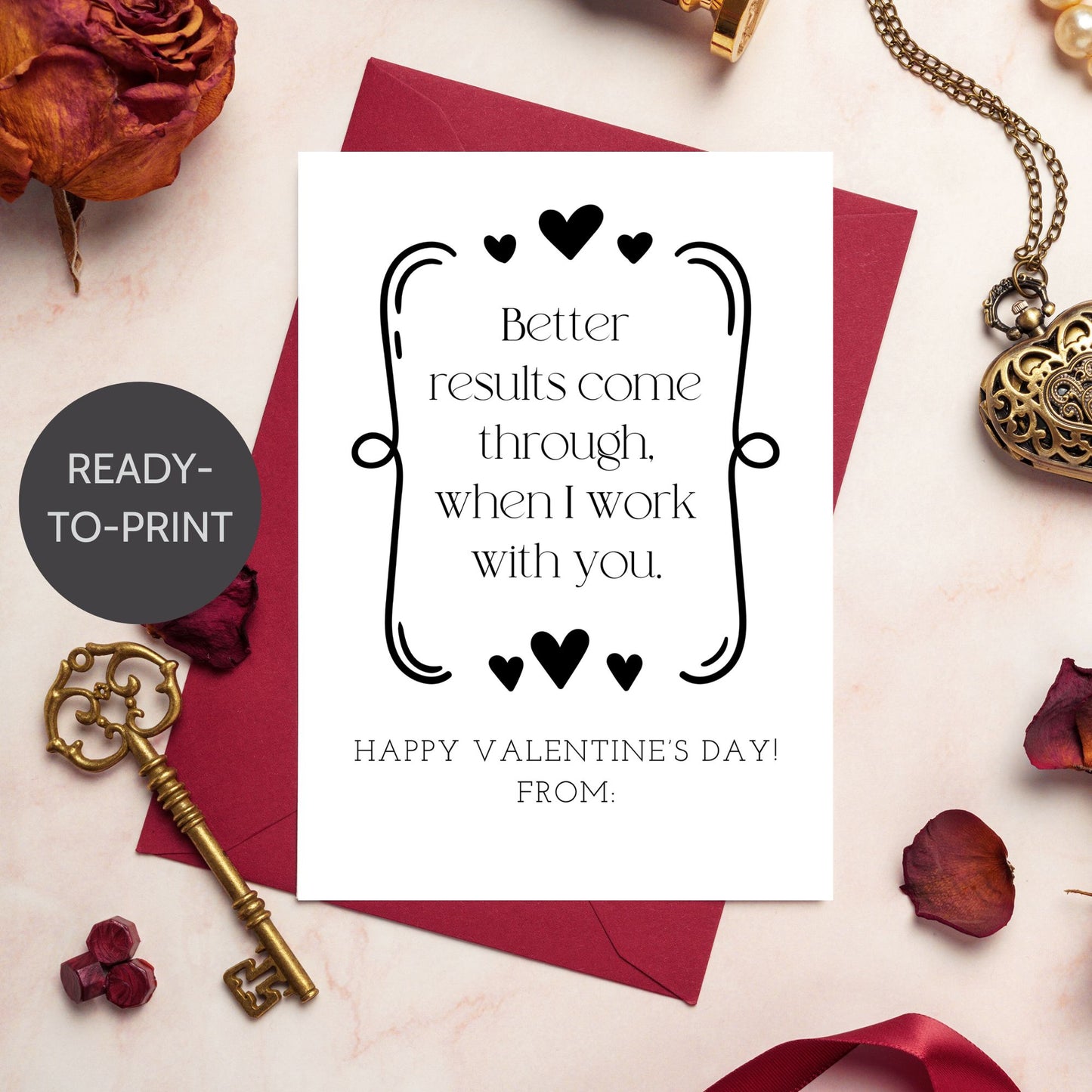 Minimalist black and white rhyming Valentine card printable for work besties and coworkers, designed in a clean office-friendly style.