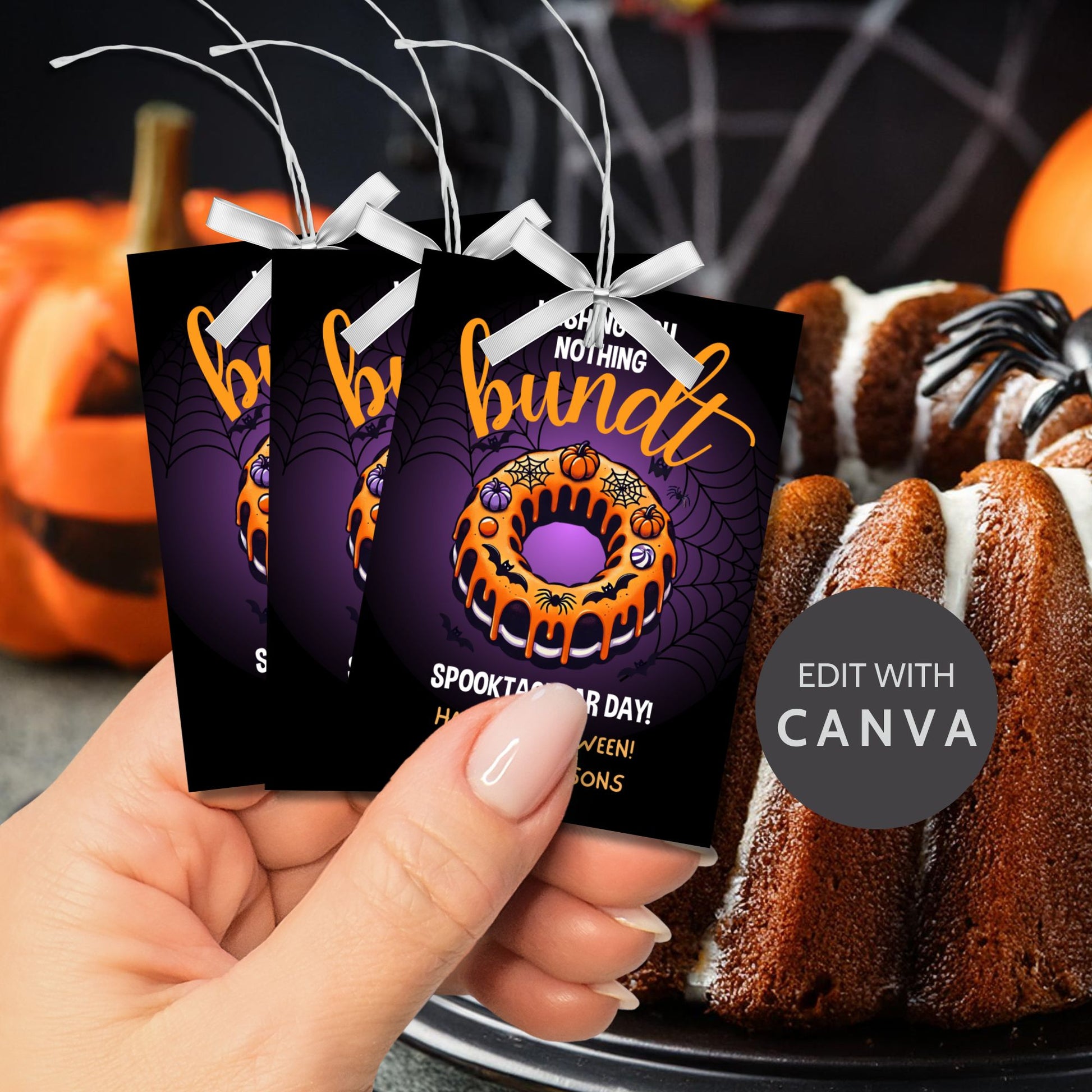 Halloween gift tag featuring a bundt cake decorated with pumpkins and spiderwebs, with the message 'Wishing You Nothing Bundt a Spooktacular Day!'