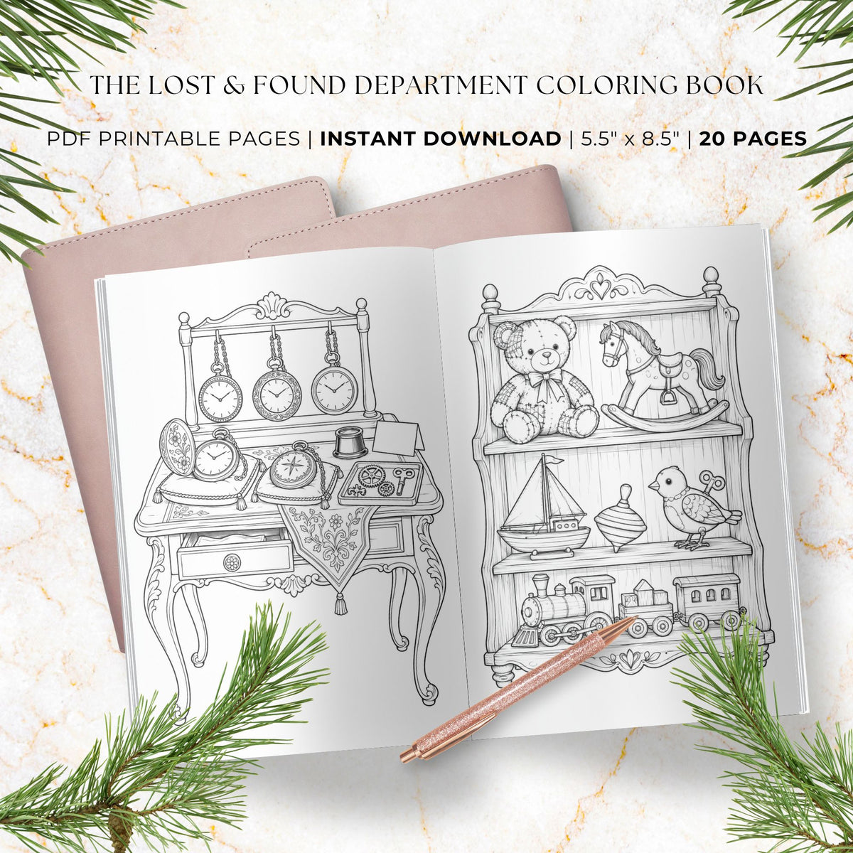 Open coloring book pages showing black-and-white line drawings of furniture and toys, with text reading 'The Lost & Found Department Coloring Book' and 'PDF Printable Pages | Instant Download | 5.5" x 8" | 20 Pages.