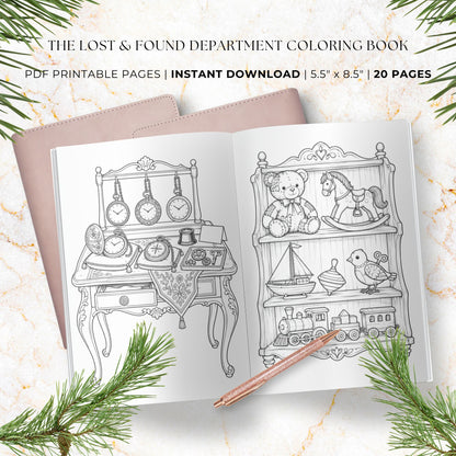 Open coloring book pages showing black-and-white line drawings of furniture and toys, with text reading 'The Lost & Found Department Coloring Book' and 'PDF Printable Pages | Instant Download | 5.5" x 8" | 20 Pages.