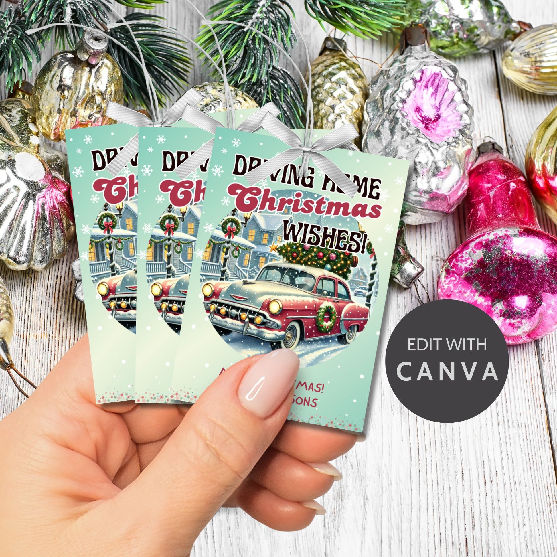 Retro-inspired Christmas gift tags featuring a vintage car decorated with wreaths driving through a snowy holiday scene, paired with the message "Driving Home Christmas Wishes!" These printable and editable tags add a nostalgic holiday touch to Christmas gifts.