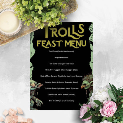 Editable Trolls Feast Menu featuring spooky, fantasy-themed food items like Troll Toes, Bog Water Punch, and Goblin Guts Pasta, perfect for Halloween or fantasy-themed parties.