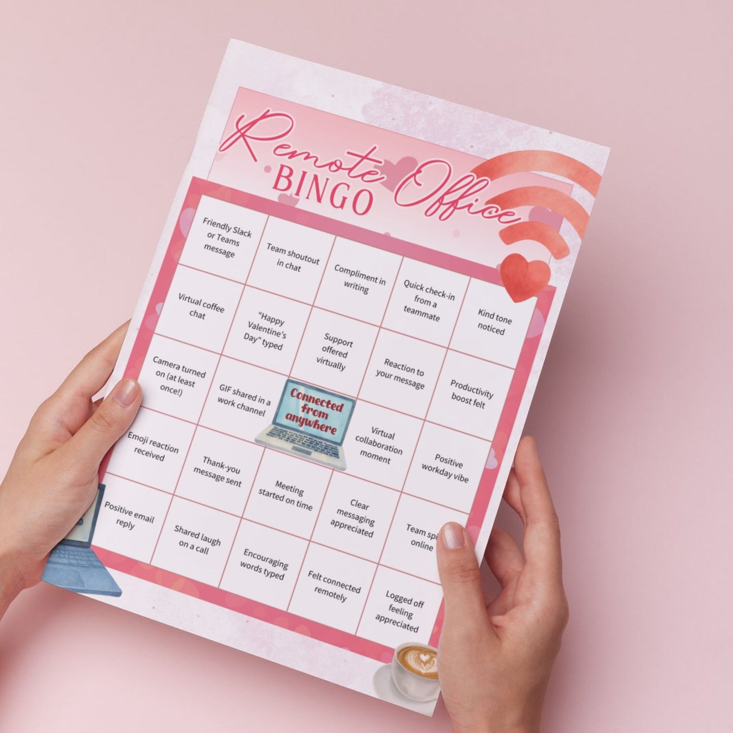 Office Appreciation Bingo printable featuring five work-appropriate bingo cards for office cupid, remote teams, employee morale, office appreciation, and manager recognition, sized 8.5x11.