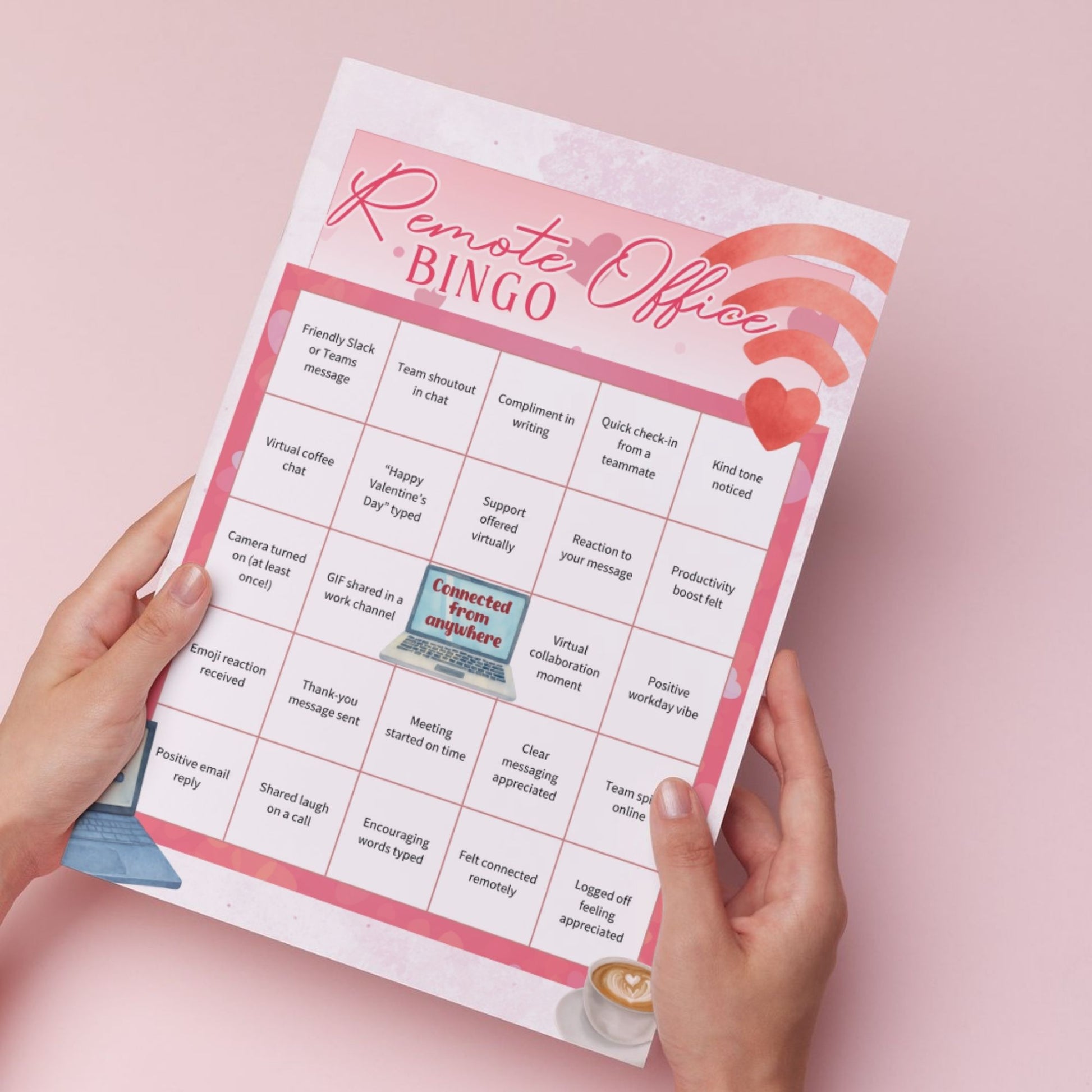Office Appreciation Bingo printable featuring five work-appropriate bingo cards for office cupid, remote teams, employee morale, office appreciation, and manager recognition, sized 8.5x11.