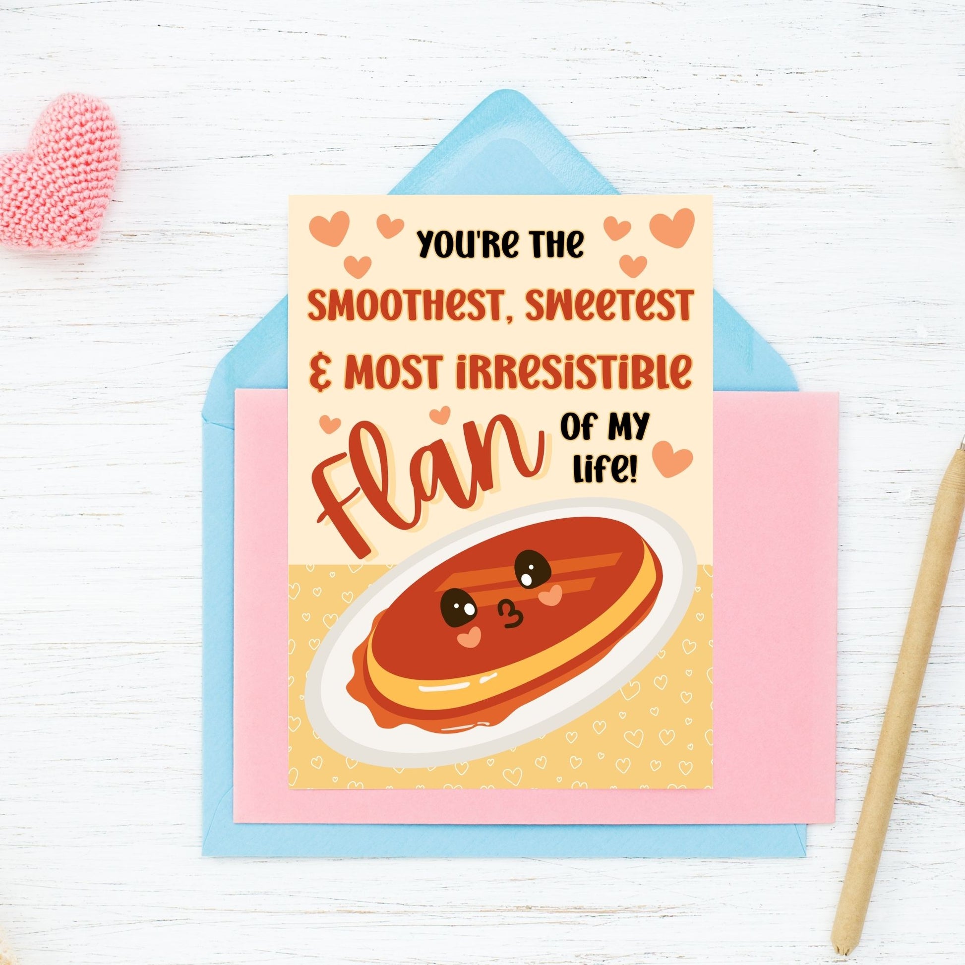 Printable Valentine’s Day card featuring the phrase “You’re the Smoothest, Sweetest Flan” with a Leche Flan-inspired design. Designed as a 5x7 PDF on an 8.5 x 11 sheet with two cards per page. A punny and heartfelt Valentine’s card for Filipino food lovers.