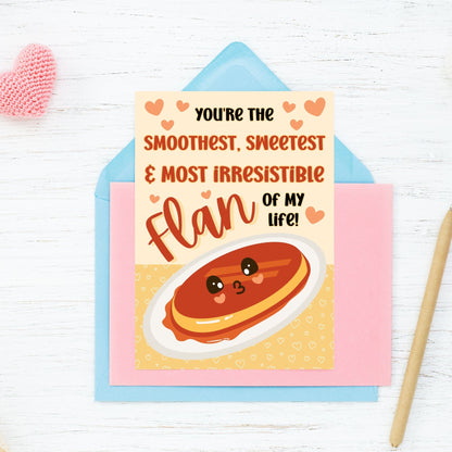 Printable Valentine’s Day card featuring the phrase “You’re the Smoothest, Sweetest Flan” with a Leche Flan-inspired design. Designed as a 5x7 PDF on an 8.5 x 11 sheet with two cards per page. A punny and heartfelt Valentine’s card for Filipino food lovers.