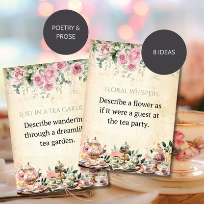 A set of vintage-inspired botanical tea party games, including Poetry & Prose and Tea-Themed Trivia, featuring elegant floral illustrations, antique parchment backgrounds, and classic typography. Print-ready PDF format, perfect for bridal showers, afternoon teas, weddings, and baby showers.