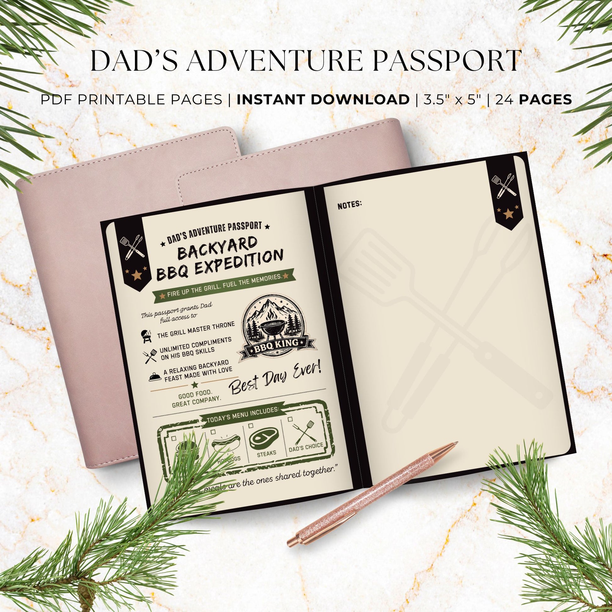 Dad's Adventure Passport printable Father's Day gift featuring 24 pages of family adventures, memory prompts, completion certificate, and printable booklet format for dads and kids.