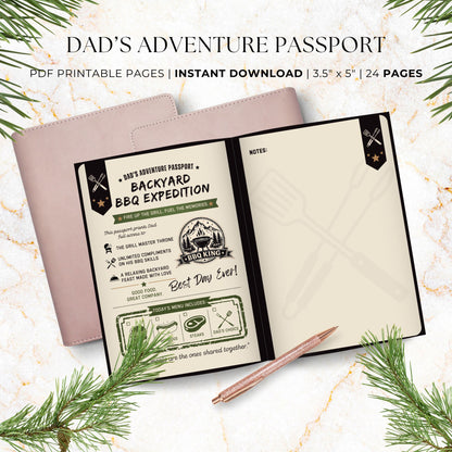 Dad's Adventure Passport printable Father's Day gift featuring 24 pages of family adventures, memory prompts, completion certificate, and printable booklet format for dads and kids.