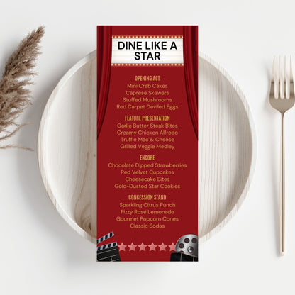 Editable Hollywood-themed table menu with marquee-style design and red curtains. Features editable sections like Opening Act and Feature Presentation. Canva template, 3.65 x 8.5 inches.