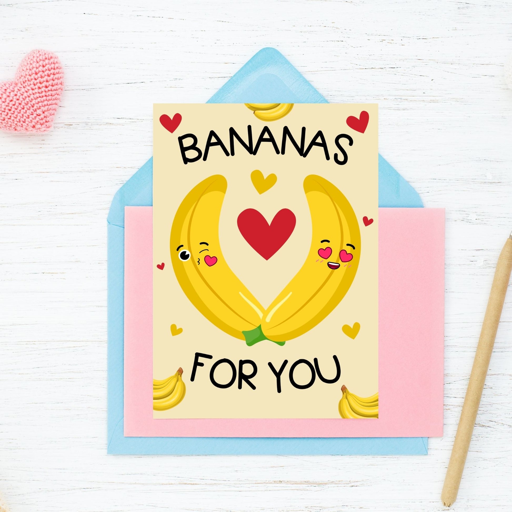 Printable Valentine’s Day Greeting Card featuring the pun “I'm Bananas for You.” Designed as a 5x7 PDF on an 8.5 x 11 sheet with two cards per page. A cute and fun Valentine’s card for fruit lovers.