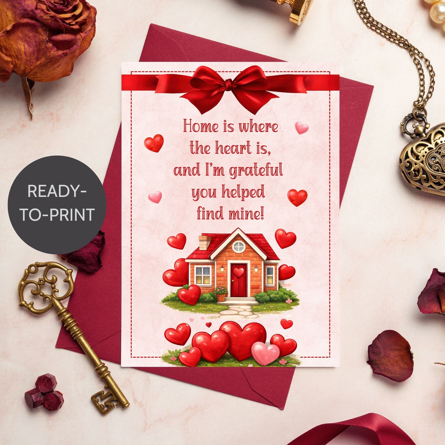 Printable Valentine’s Day cards for realtors featuring real estate themed illustrations, hearts, keys, and homes, designed as professional 5x7 thank you cards for real estate client appreciation.