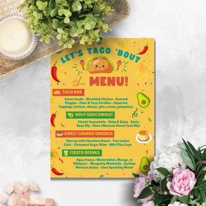 Editable taco-themed party menu with headings like “Taco Bar,” “Holy Guacamole,” and “Sweet Churro Endings.” Bright, colorful Canva template for graduation or fiesta-themed celebrations. Size: 8.5 x 11 inches.