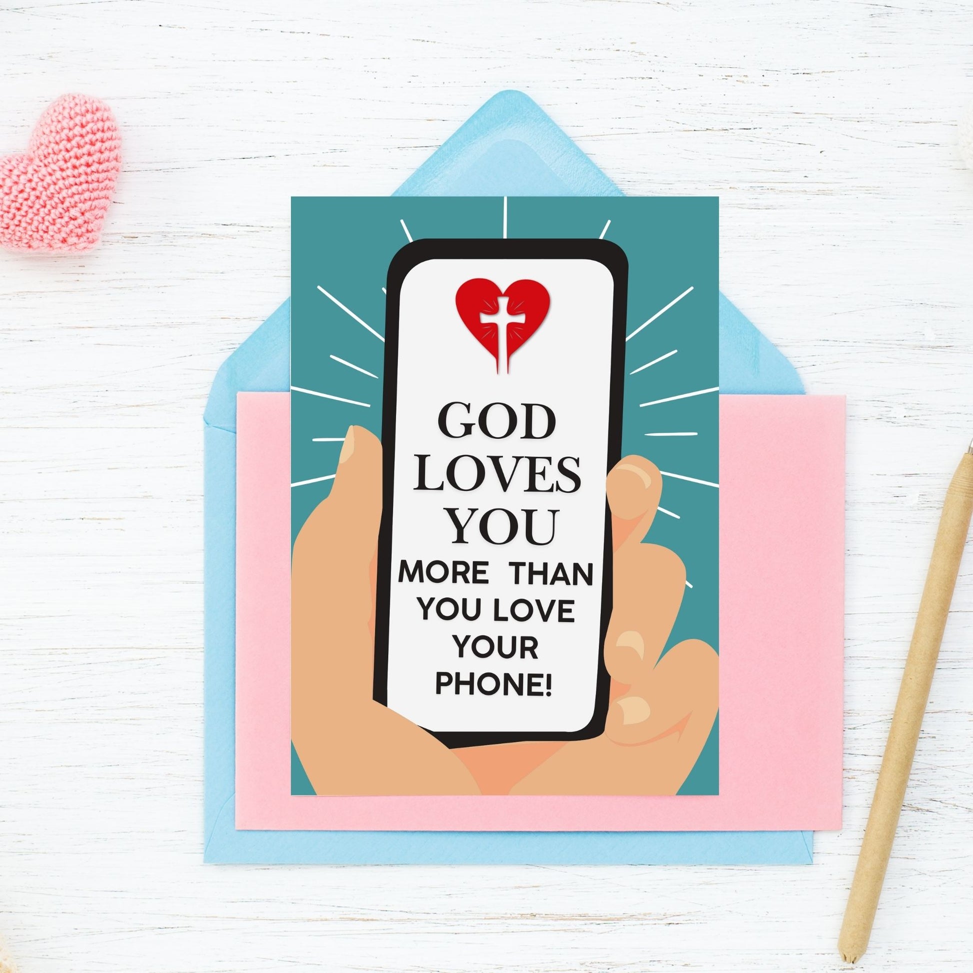 A Christian-themed printable Valentine’s Day card featuring the message “God Loves You More Than You Love Your Phone.” Available in 5x7 PDF format and an 8.5 x 11 printable sheet (2 cards per page). Perfect for youth groups, faith-based encouragement, and Christian gifts.