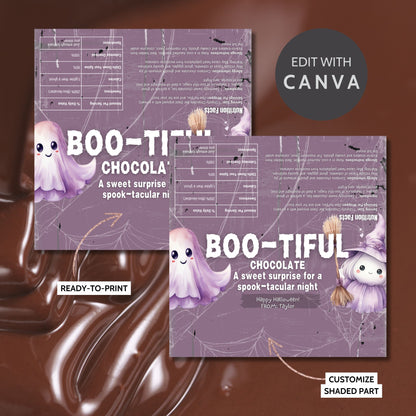 Printable and editable Boo/Ghost-themed Halloween chocolate bar wrapper featuring cute ghosts and witches, perfect for Halloween parties and treats.