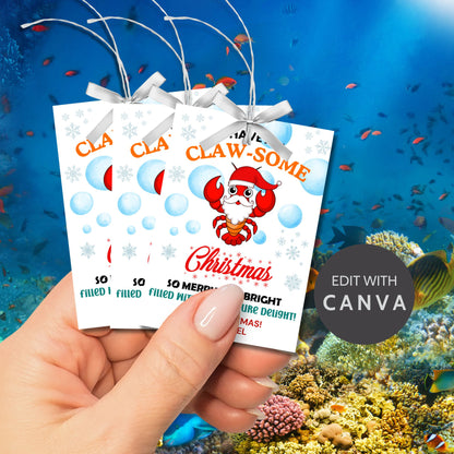 Lobster-themed Christmas gift tags featuring a bright red lobster in a Santa hat surrounded by bubbles and snowflakes, with the cheerful message 'Have a Claw-some Christmas. So Merry and Bright, Filled with Cheer & Pure Delight!' Perfect for adding a coastal charm to holiday gifts.