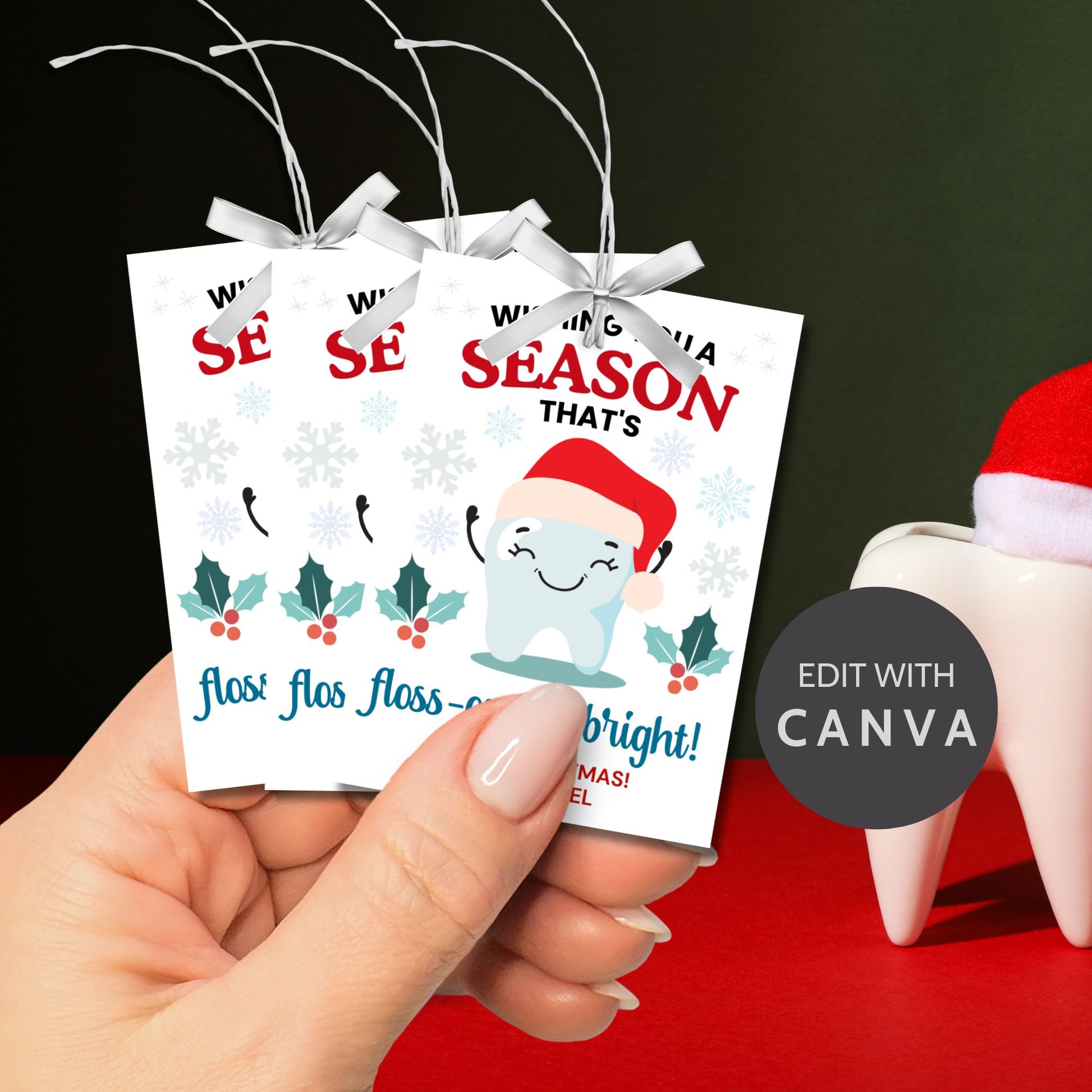 A set of 8 printable and editable holiday gift tags with the message 'Wishing You a Season That's Floss-ome & Bright!' featuring a cheerful tooth character wearing a Santa hat, surrounded by snowflakes, holly, and festive decorations. Perfect for dentists, dental office staff, and dental-themed holiday gifts.