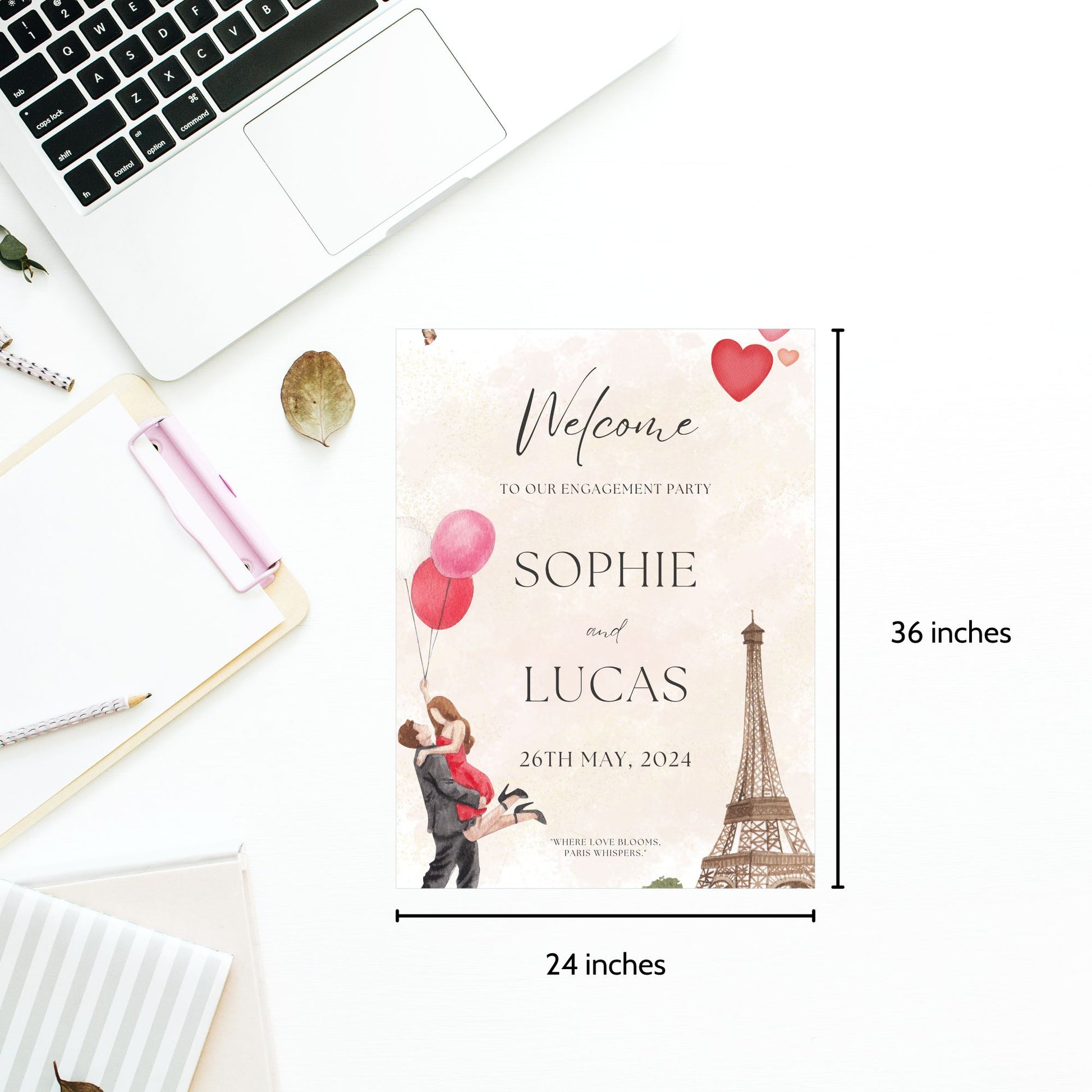 Paris-themed editable engagement welcome poster with Eiffel Tower, romantic couple with balloons, and red hearts. Canva template sized 24x36 inches.