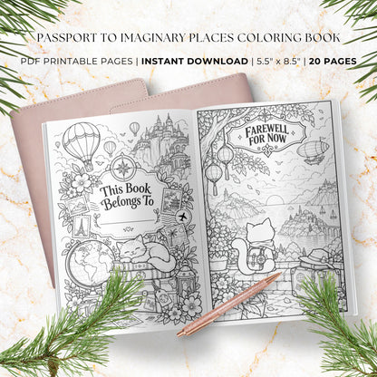 Open passport-shaped coloring book cover and interior pages on a light marble surface with pine branches around it. Text at the top reads 'PASSPORT TO IMAGINARY PLACES COLORING BOOK' and 'PDF PRINTABLE PAGES | INSTANT DOWNLOAD | 5.